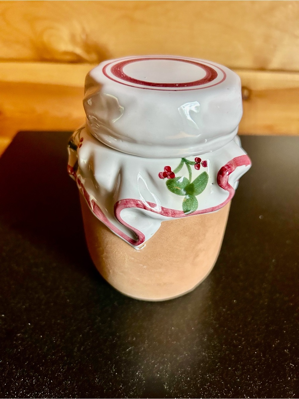 Terra Cotta Pottery Jam Jar with Glossy White and Red Berry Accent Lid
